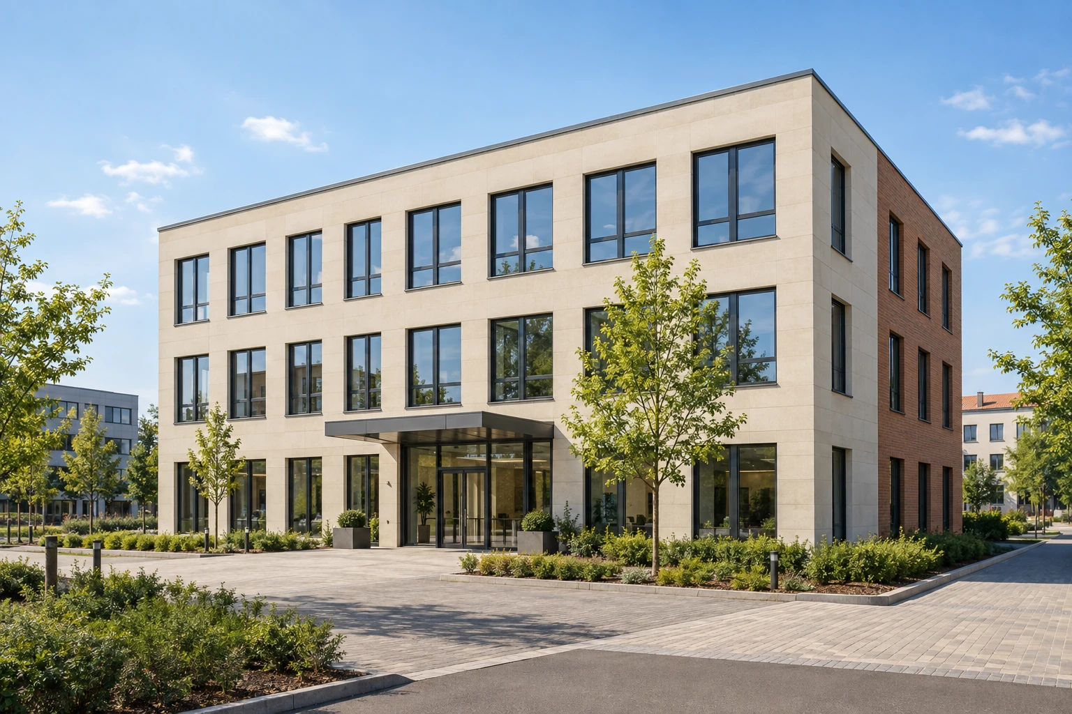Three-storey office building with a stone and brick facade and a paved forecourt