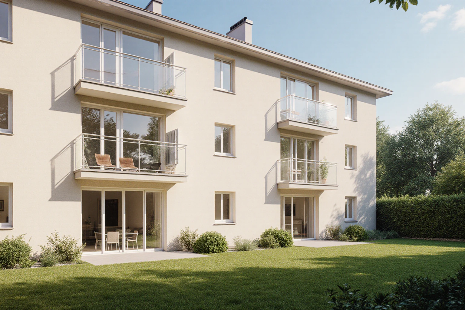Garden-side facade detail of an apartment building with balconies